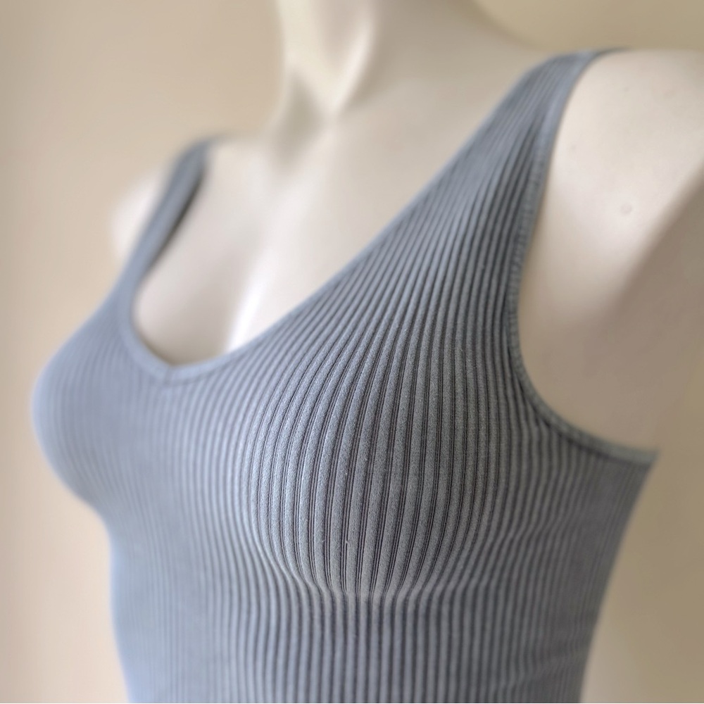 NIKIBIKI Seamless Vintage Ribbed V Neck Crop Top in Airy Blue, OS wa